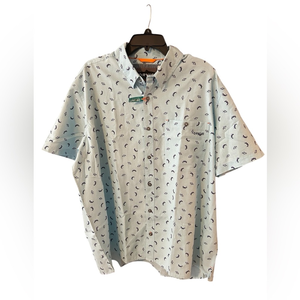 NWT ORVIS UP40 fishing shirt in lt blue fish print XXL button up
